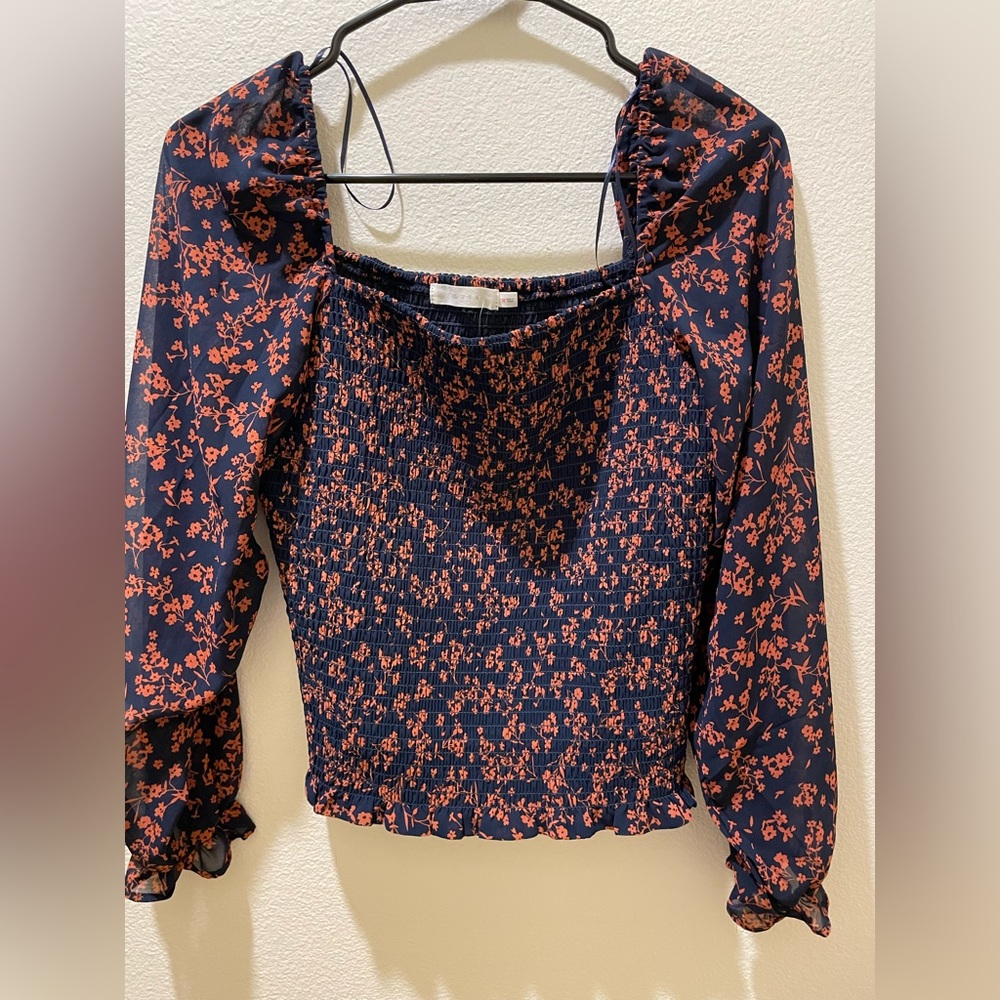 NWT  Stitch Fix Lush Reyna Smocked long sleeve floral Blouse 90s top navy rust